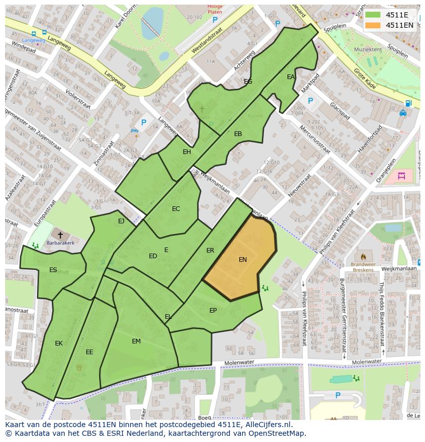 Afbeelding van het postcodegebied 4511 EN op de kaart.