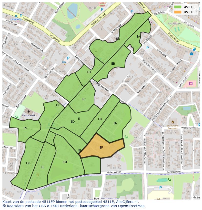 Afbeelding van het postcodegebied 4511 EP op de kaart.