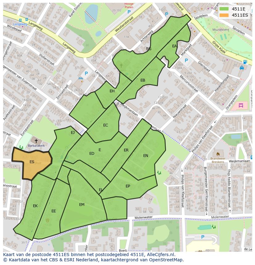 Afbeelding van het postcodegebied 4511 ES op de kaart.