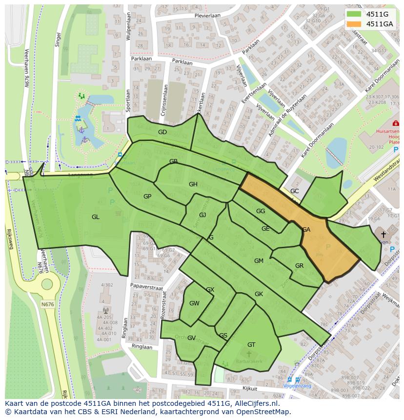 Afbeelding van het postcodegebied 4511 GA op de kaart.
