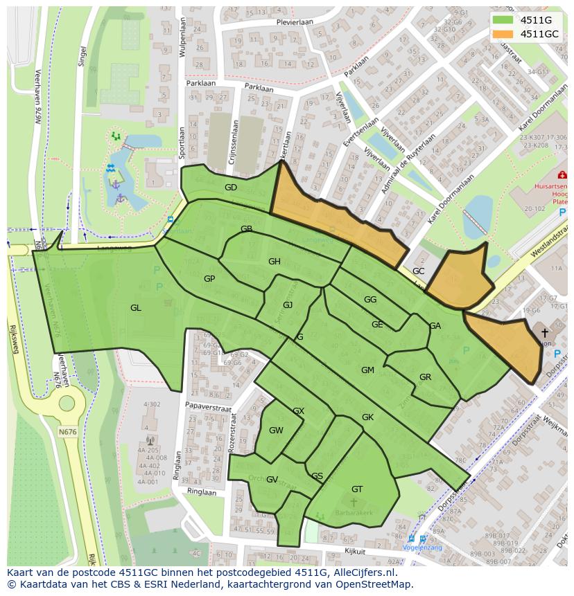 Afbeelding van het postcodegebied 4511 GC op de kaart.