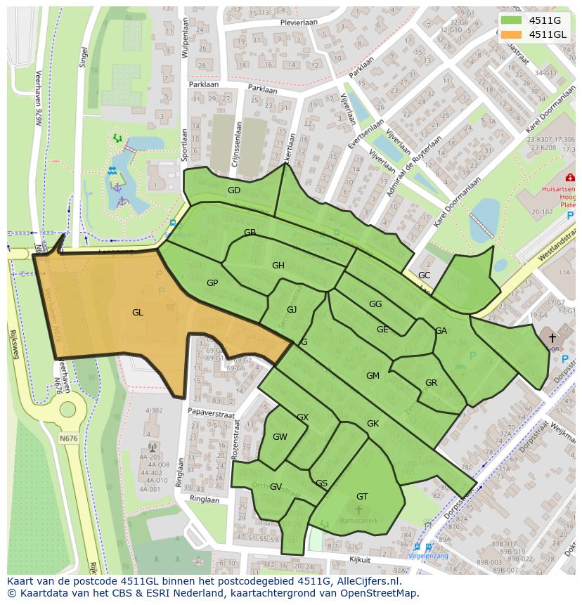 Afbeelding van het postcodegebied 4511 GL op de kaart.