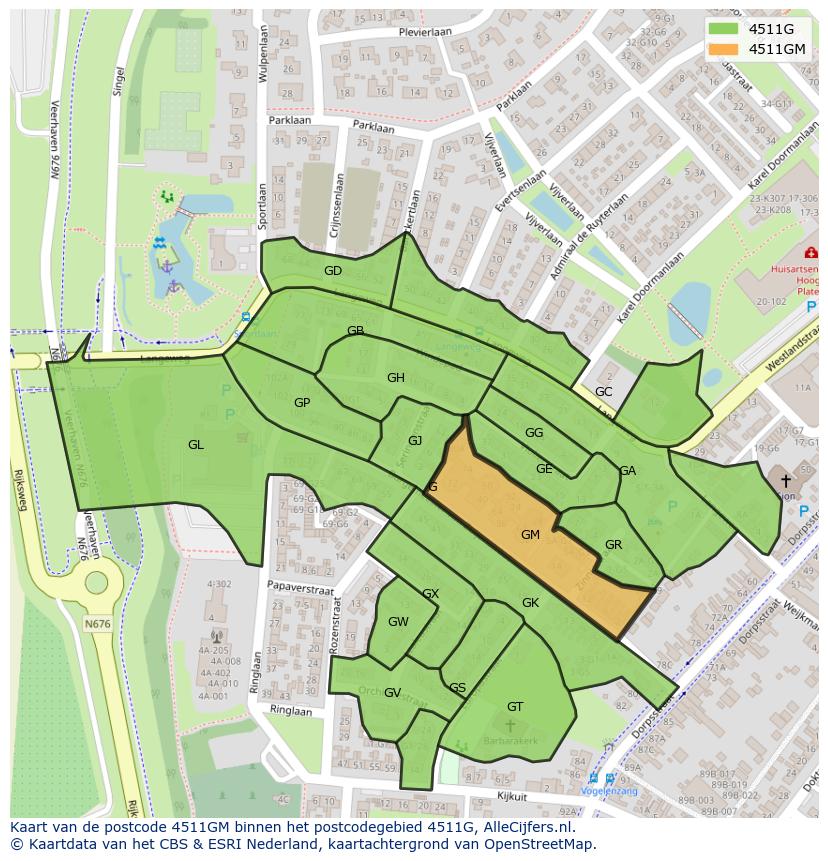 Afbeelding van het postcodegebied 4511 GM op de kaart.