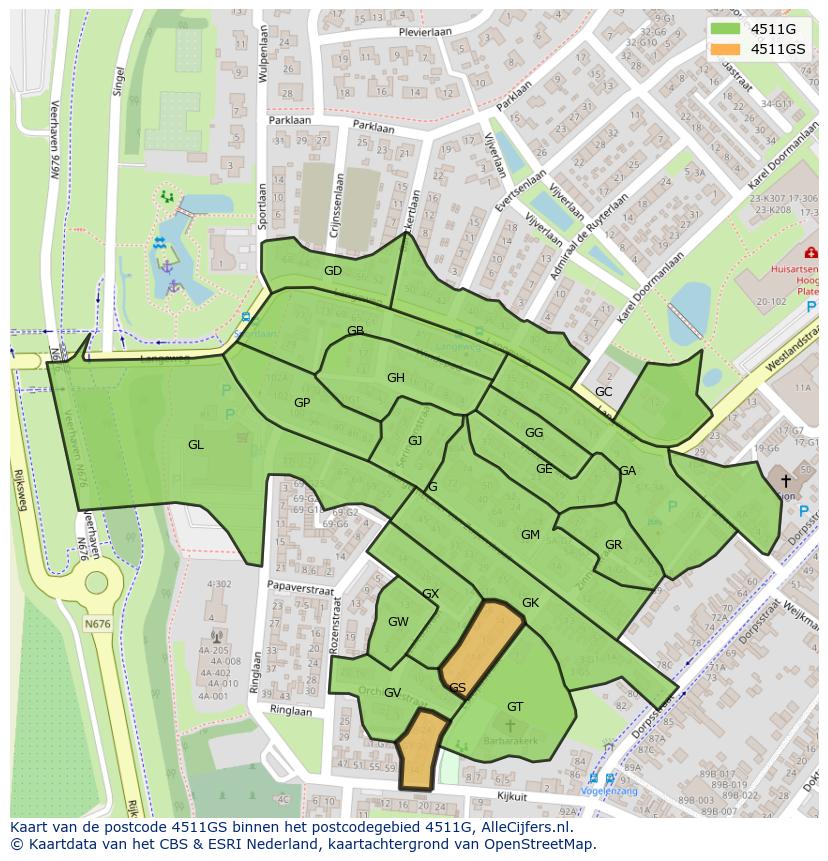 Afbeelding van het postcodegebied 4511 GS op de kaart.