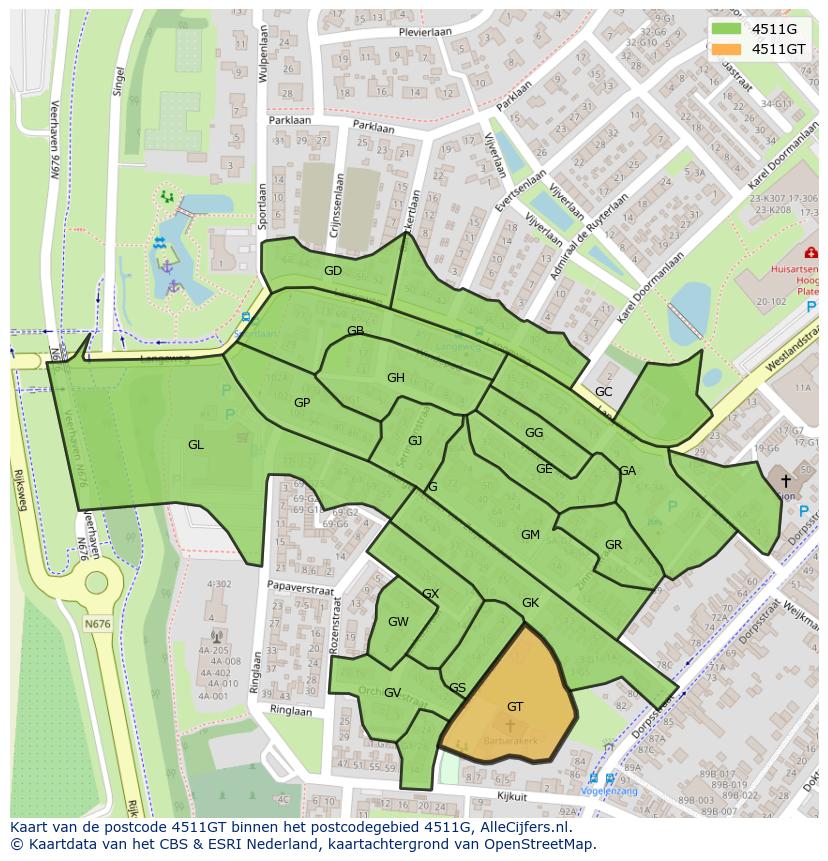 Afbeelding van het postcodegebied 4511 GT op de kaart.