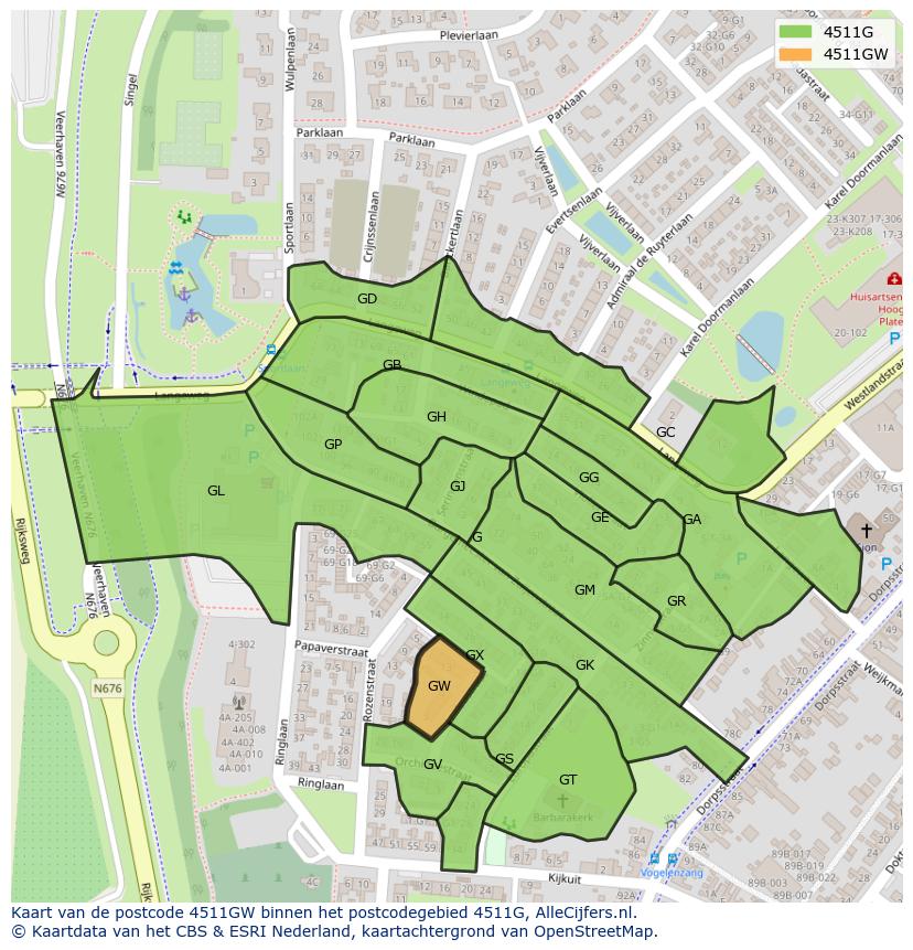 Afbeelding van het postcodegebied 4511 GW op de kaart.