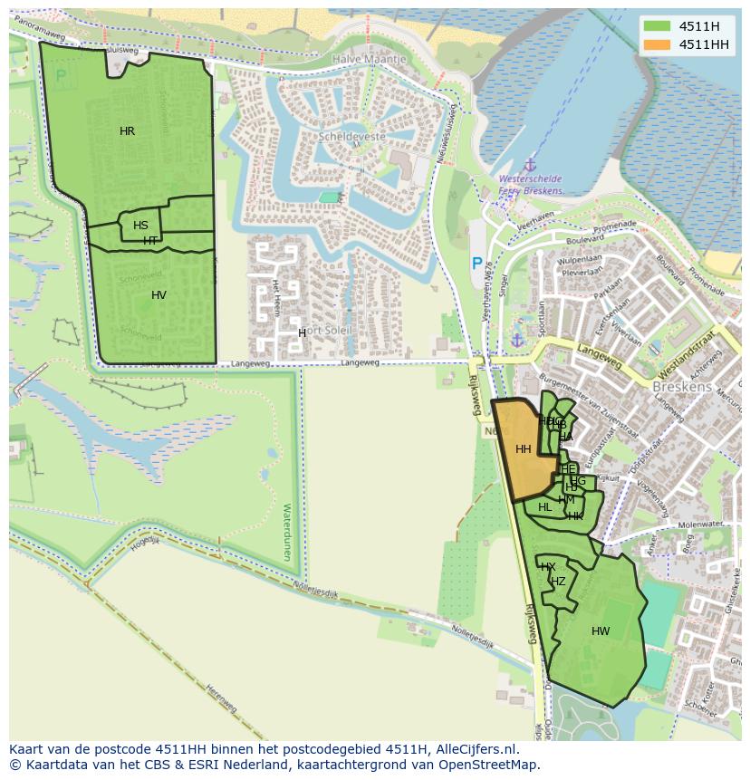 Afbeelding van het postcodegebied 4511 HH op de kaart.