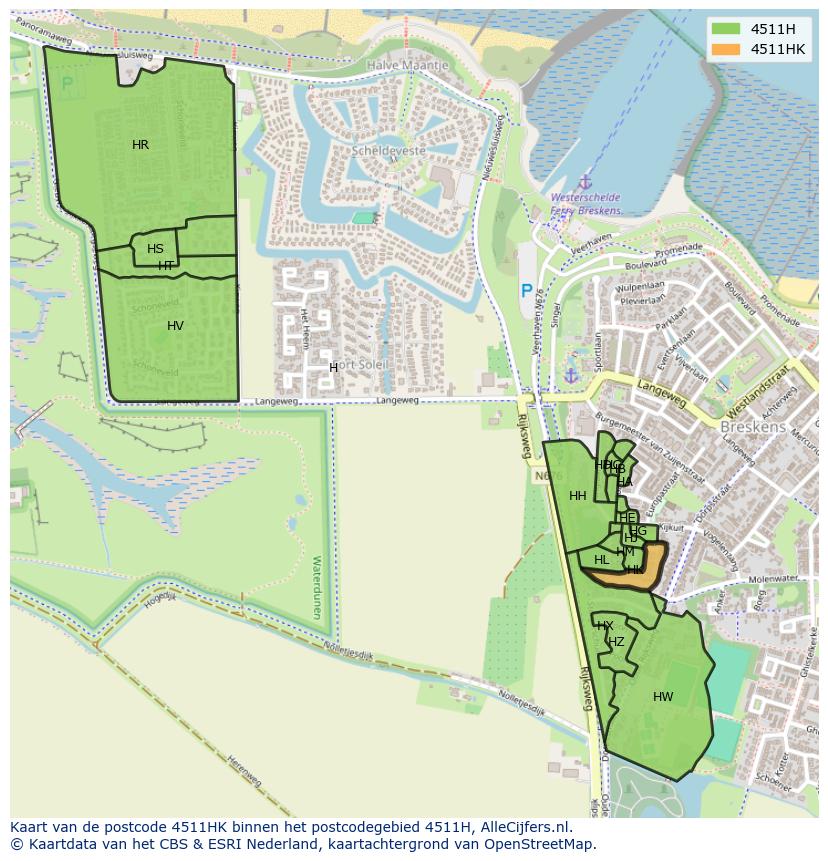 Afbeelding van het postcodegebied 4511 HK op de kaart.
