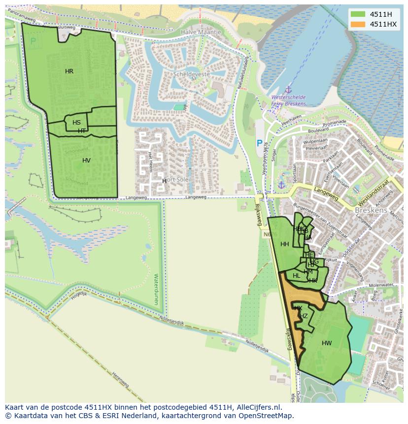 Afbeelding van het postcodegebied 4511 HX op de kaart.