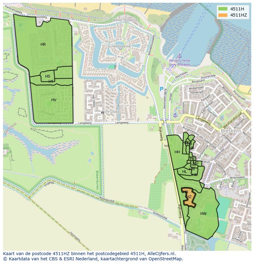 Afbeelding van het postcodegebied 4511 HZ op de kaart.