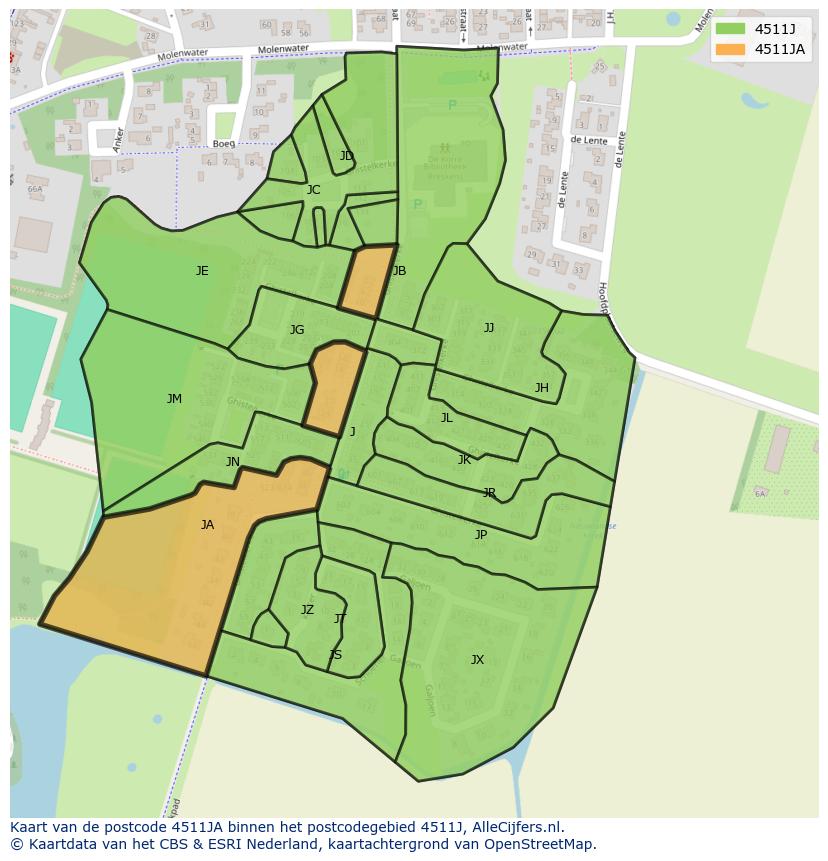 Afbeelding van het postcodegebied 4511 JA op de kaart.