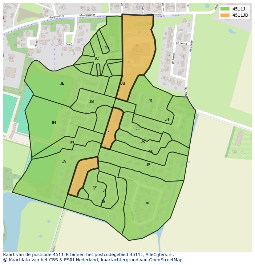 Afbeelding van het postcodegebied 4511 JB op de kaart.