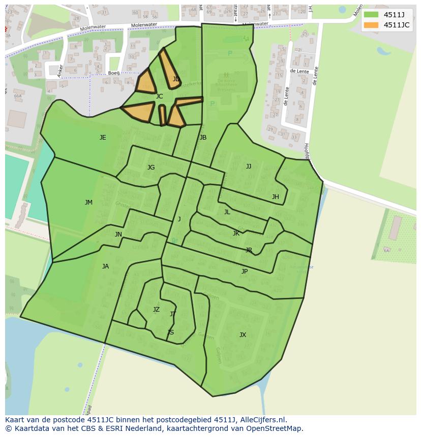 Afbeelding van het postcodegebied 4511 JC op de kaart.