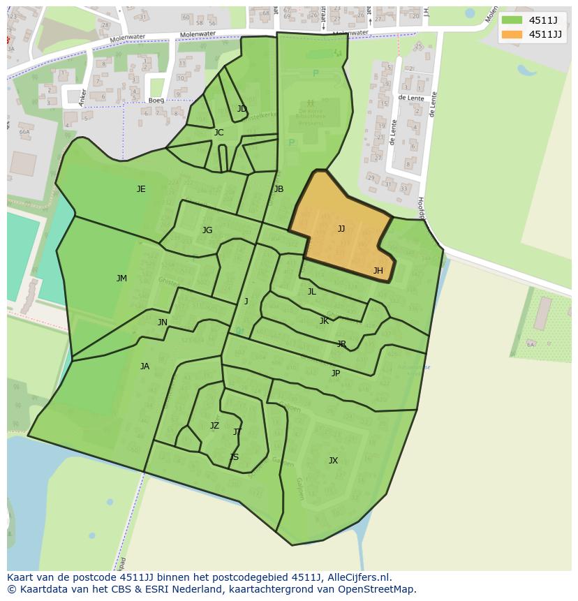 Afbeelding van het postcodegebied 4511 JJ op de kaart.