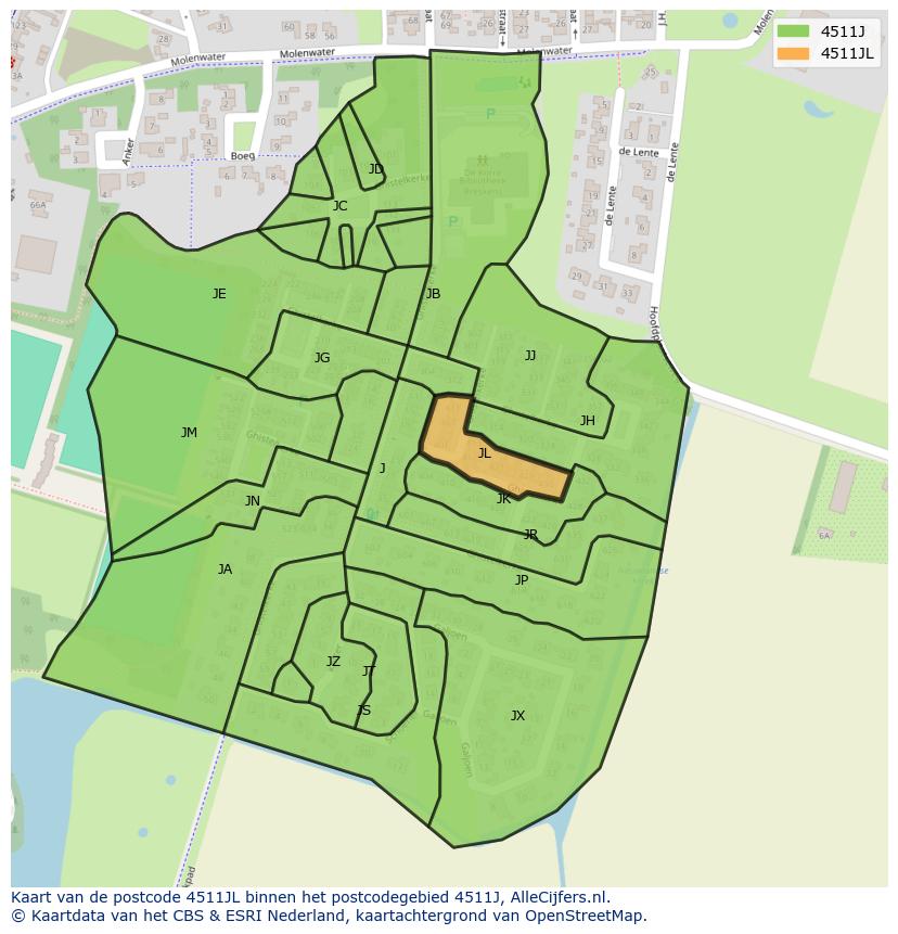 Afbeelding van het postcodegebied 4511 JL op de kaart.