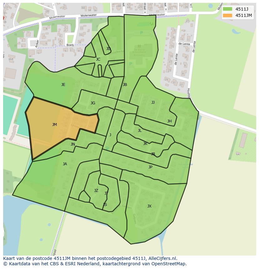 Afbeelding van het postcodegebied 4511 JM op de kaart.