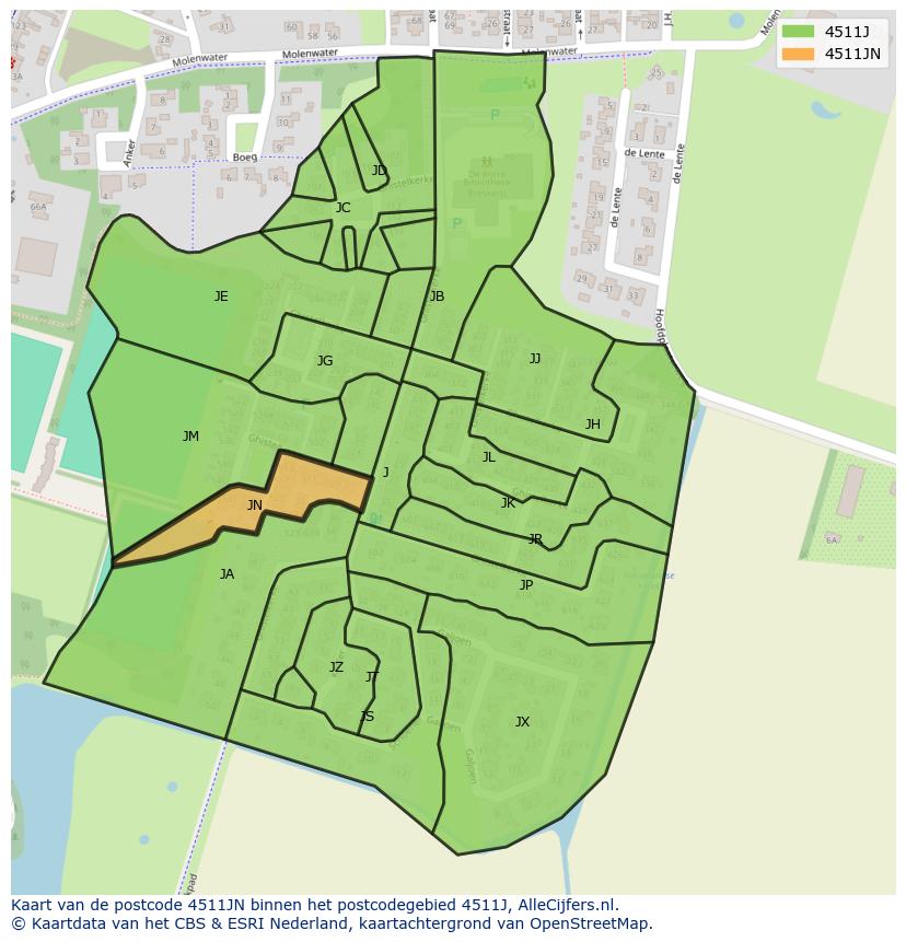 Afbeelding van het postcodegebied 4511 JN op de kaart.