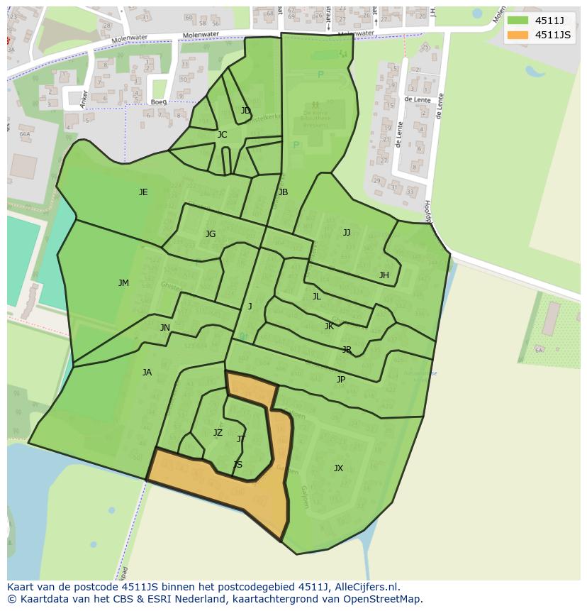 Afbeelding van het postcodegebied 4511 JS op de kaart.