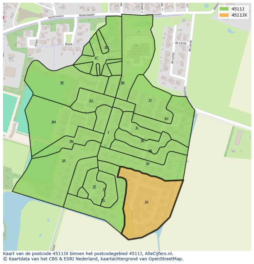 Afbeelding van het postcodegebied 4511 JX op de kaart.