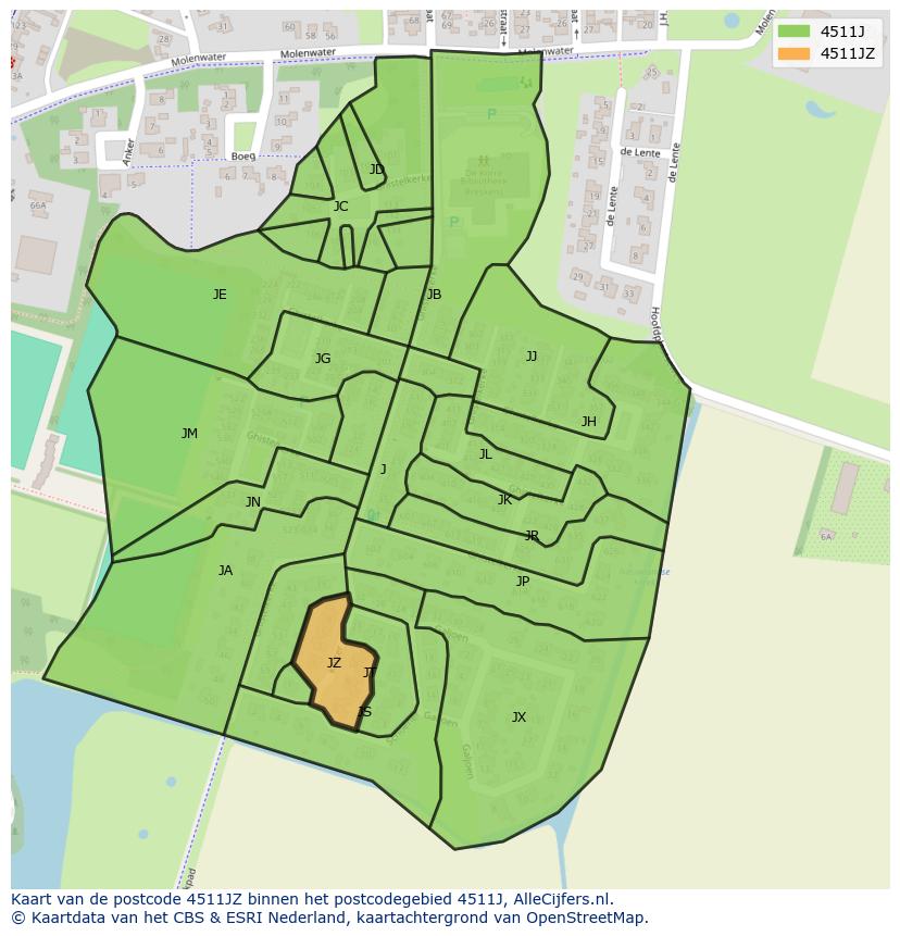 Afbeelding van het postcodegebied 4511 JZ op de kaart.