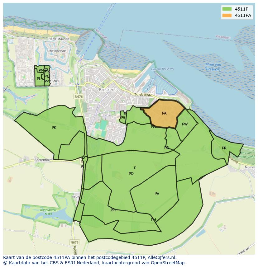 Afbeelding van het postcodegebied 4511 PA op de kaart.