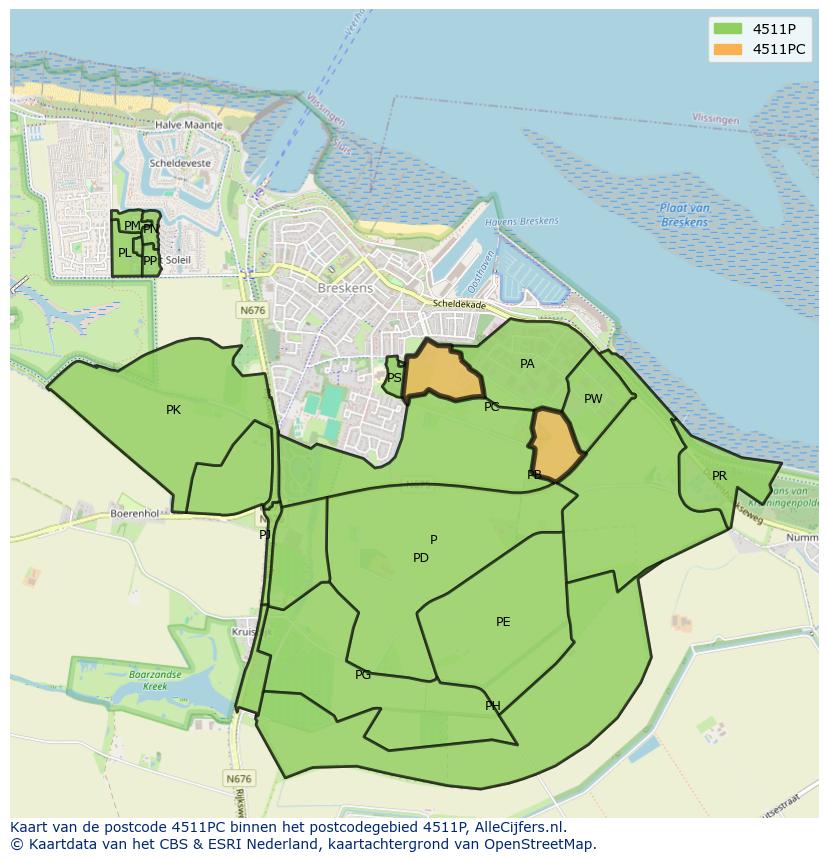 Afbeelding van het postcodegebied 4511 PC op de kaart.