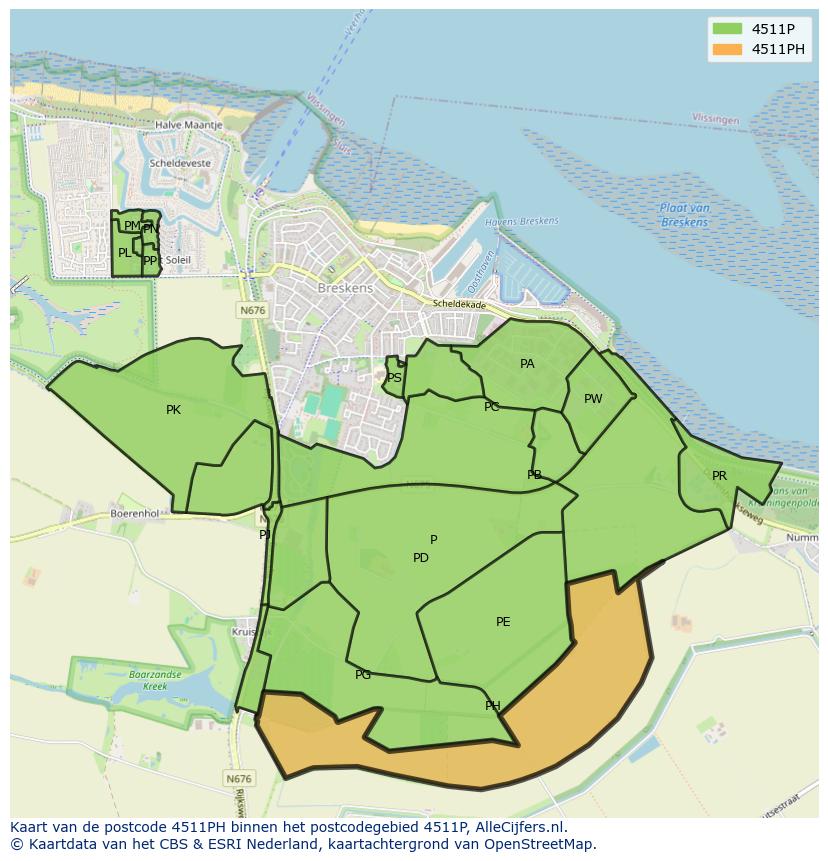 Afbeelding van het postcodegebied 4511 PH op de kaart.