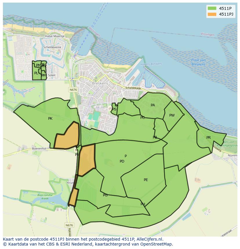 Afbeelding van het postcodegebied 4511 PJ op de kaart.
