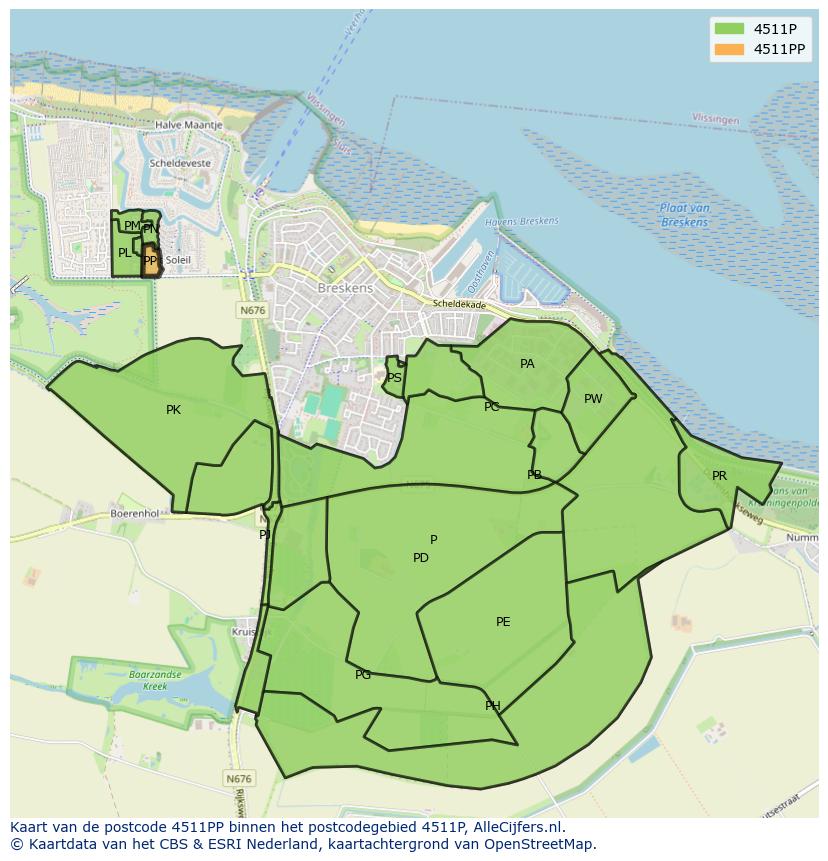 Afbeelding van het postcodegebied 4511 PP op de kaart.