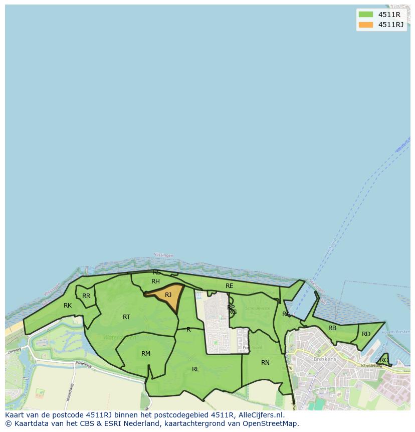 Afbeelding van het postcodegebied 4511 RJ op de kaart.