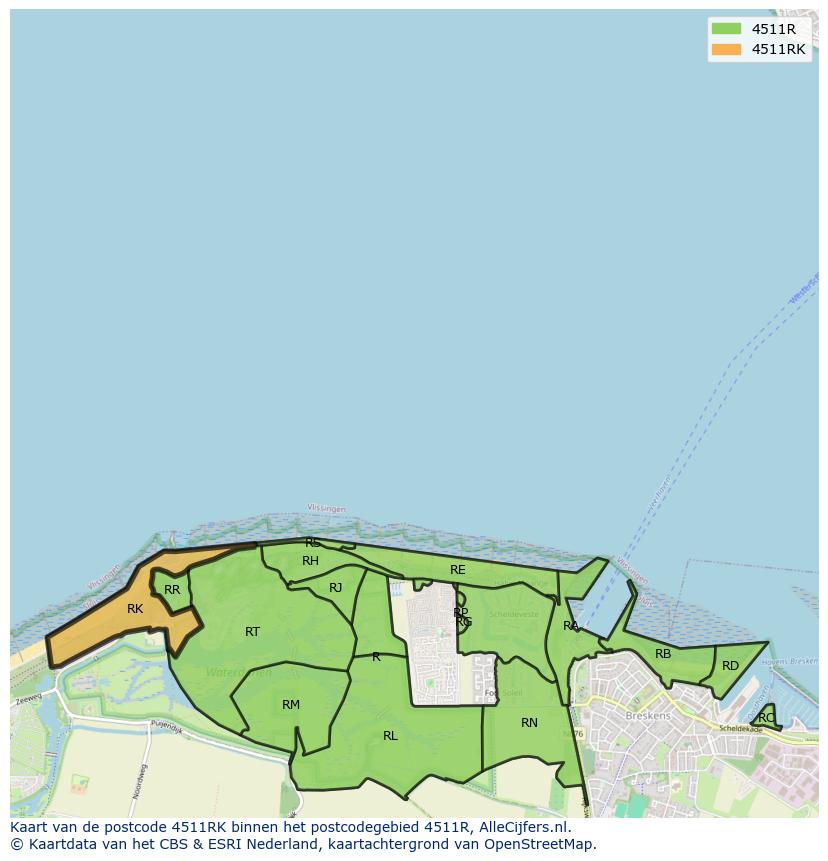 Afbeelding van het postcodegebied 4511 RK op de kaart.