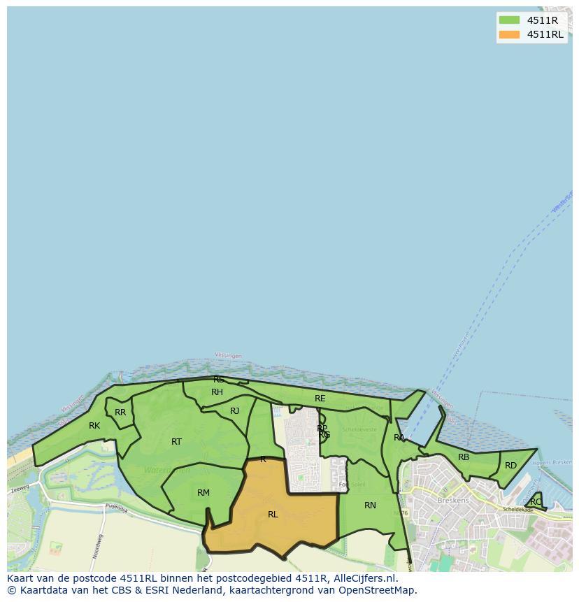 Afbeelding van het postcodegebied 4511 RL op de kaart.