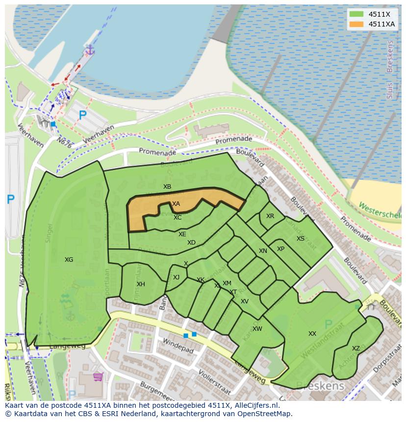 Afbeelding van het postcodegebied 4511 XA op de kaart.