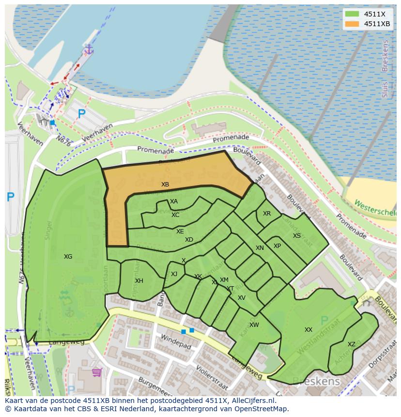 Afbeelding van het postcodegebied 4511 XB op de kaart.