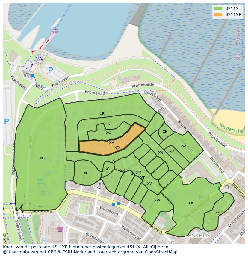 Afbeelding van het postcodegebied 4511 XE op de kaart.
