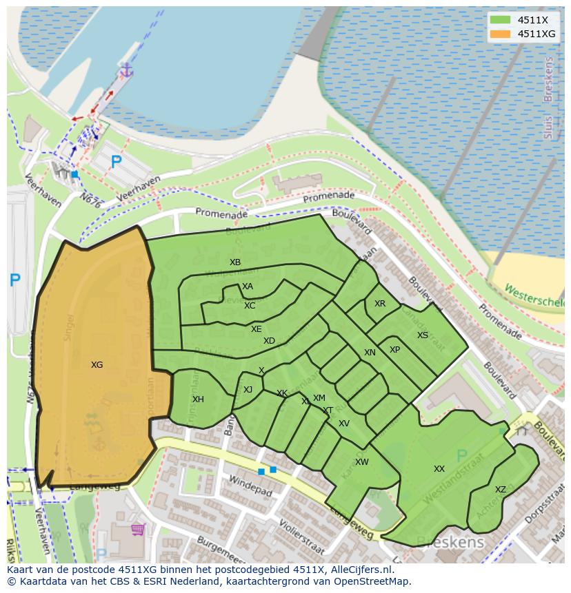 Afbeelding van het postcodegebied 4511 XG op de kaart.