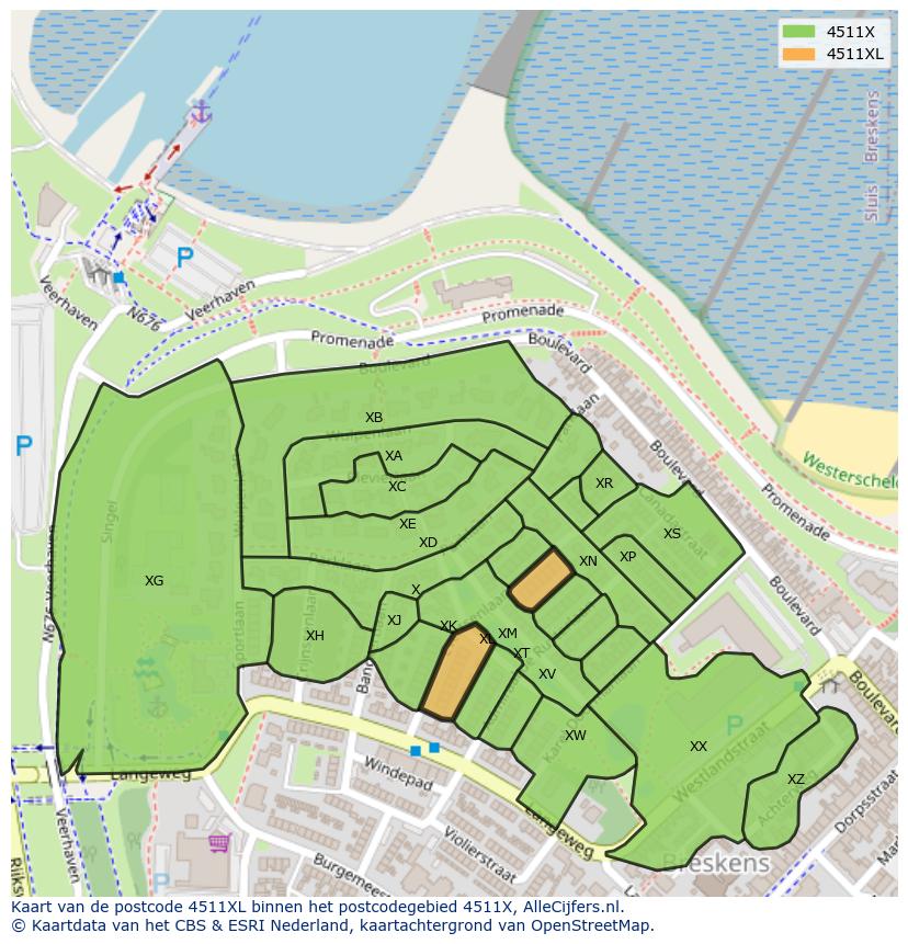 Afbeelding van het postcodegebied 4511 XL op de kaart.