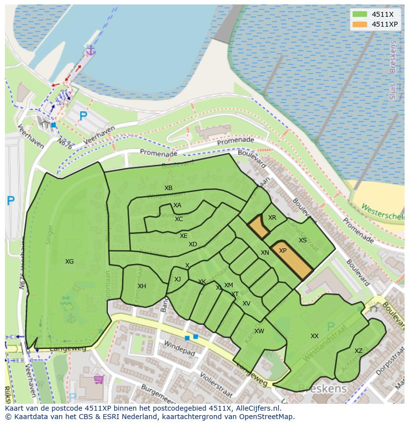 Afbeelding van het postcodegebied 4511 XP op de kaart.