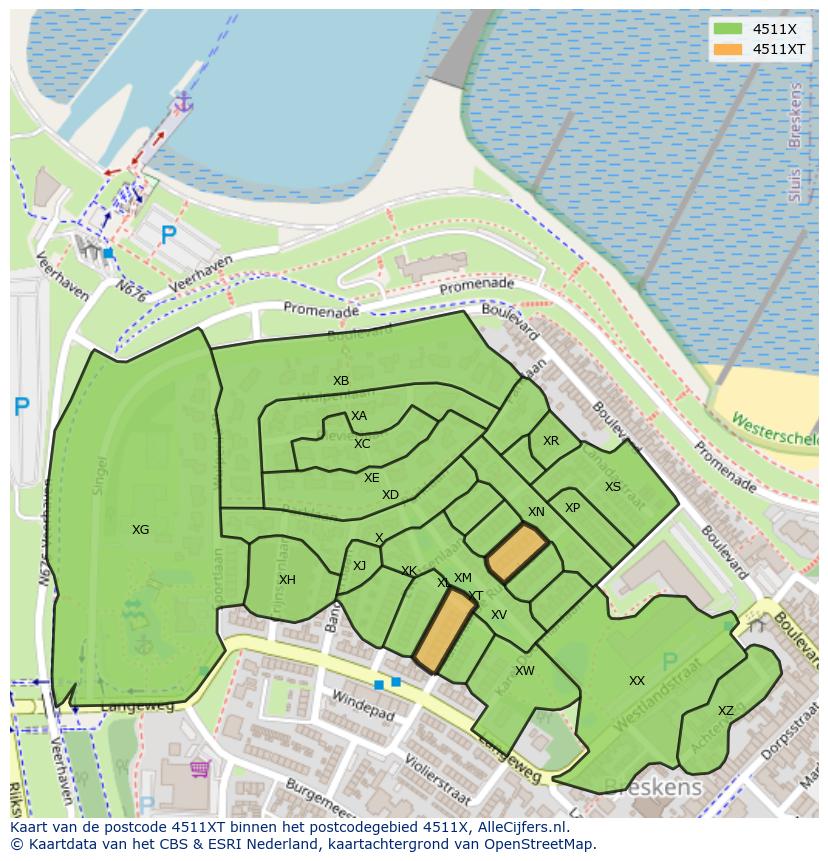 Afbeelding van het postcodegebied 4511 XT op de kaart.