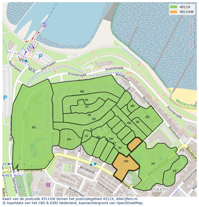Afbeelding van het postcodegebied 4511 XW op de kaart.