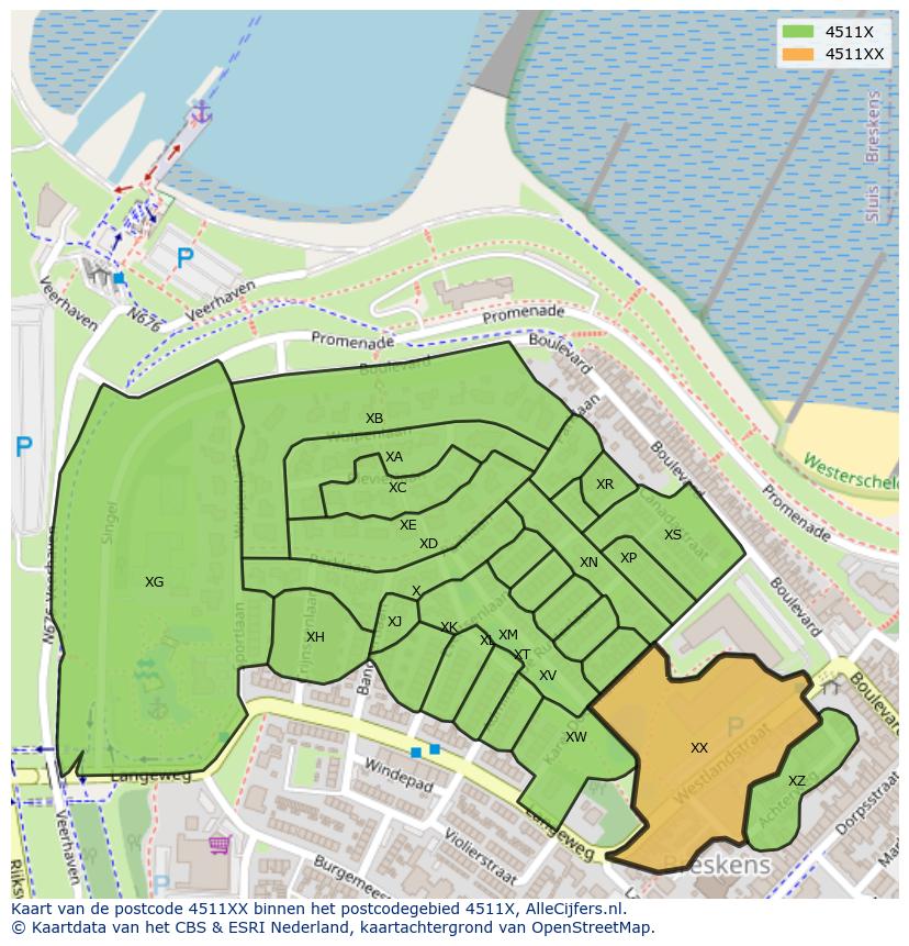 Afbeelding van het postcodegebied 4511 XX op de kaart.
