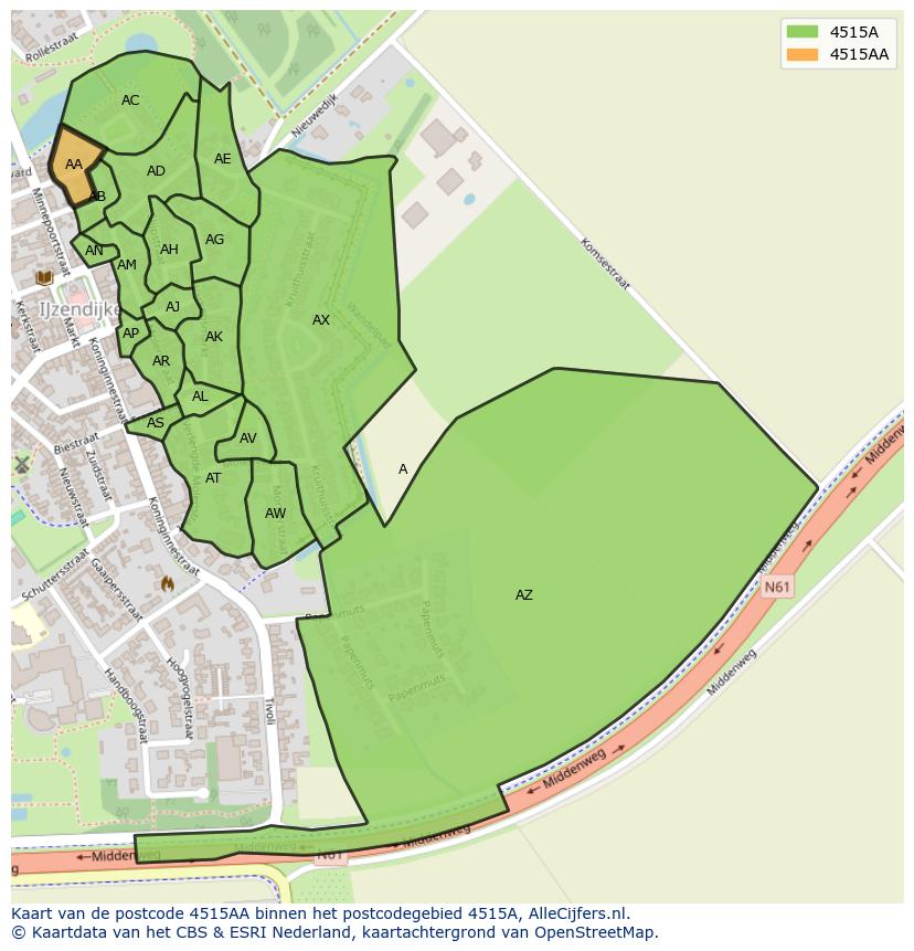 Afbeelding van het postcodegebied 4515 AA op de kaart.