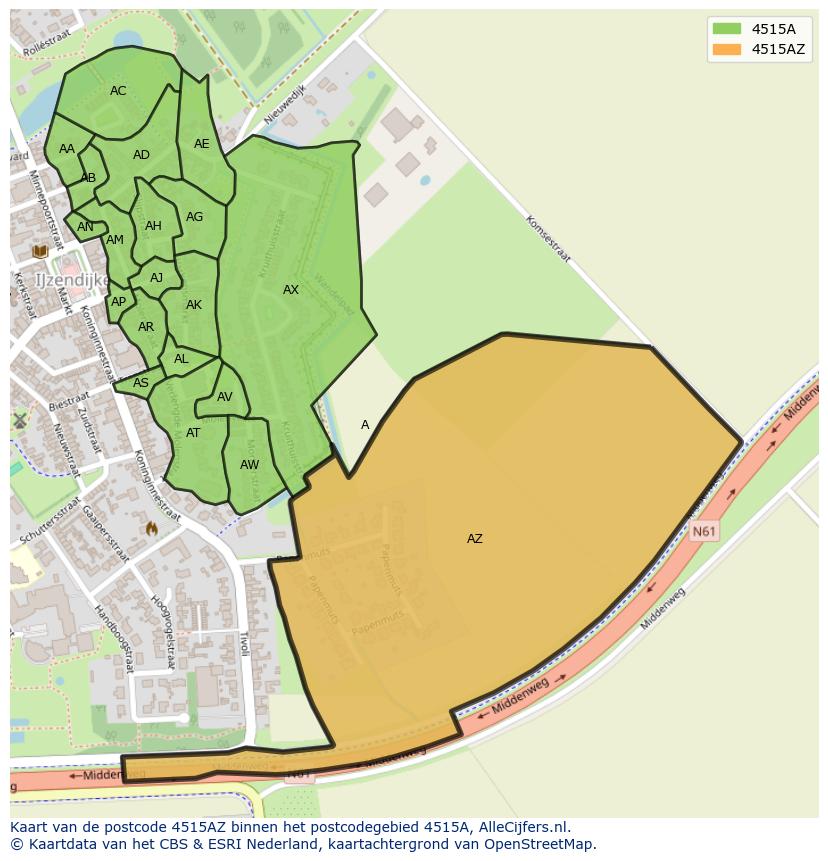 Afbeelding van het postcodegebied 4515 AZ op de kaart.