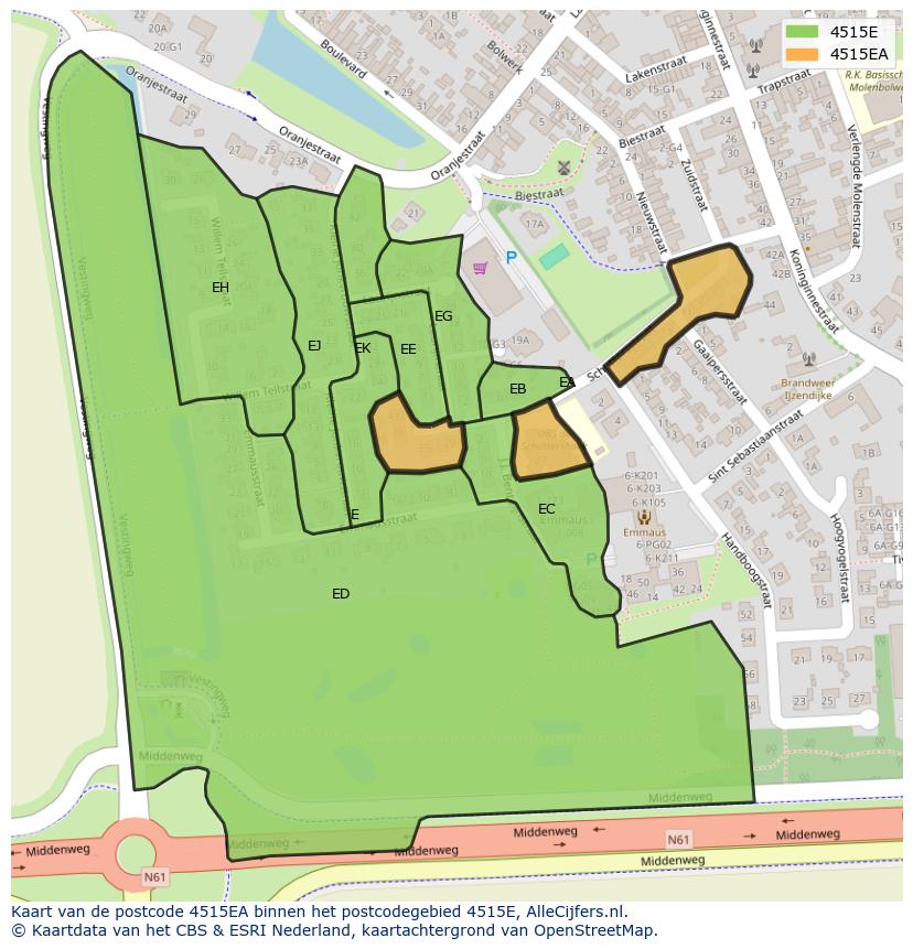 Afbeelding van het postcodegebied 4515 EA op de kaart.