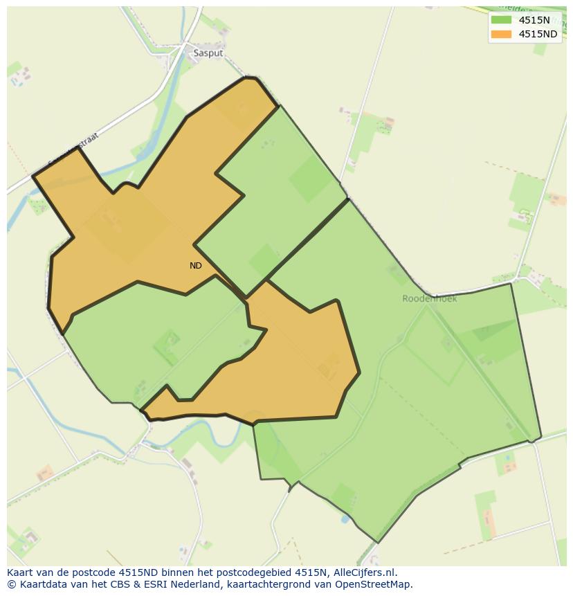 Afbeelding van het postcodegebied 4515 ND op de kaart.