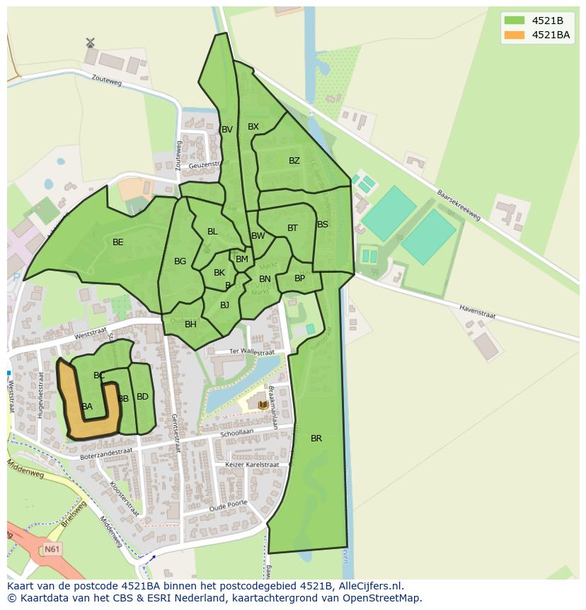 Afbeelding van het postcodegebied 4521 BA op de kaart.