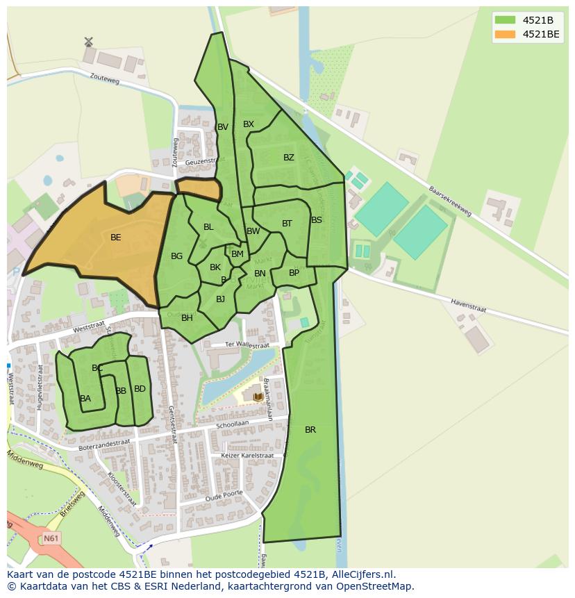 Afbeelding van het postcodegebied 4521 BE op de kaart.