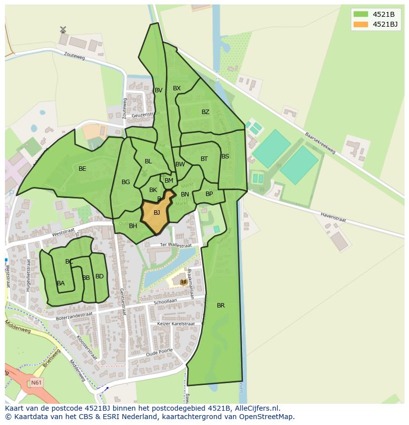 Afbeelding van het postcodegebied 4521 BJ op de kaart.