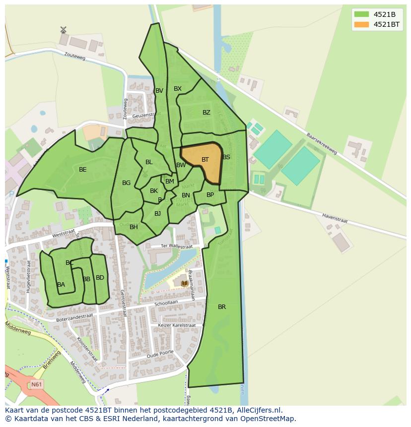 Afbeelding van het postcodegebied 4521 BT op de kaart.