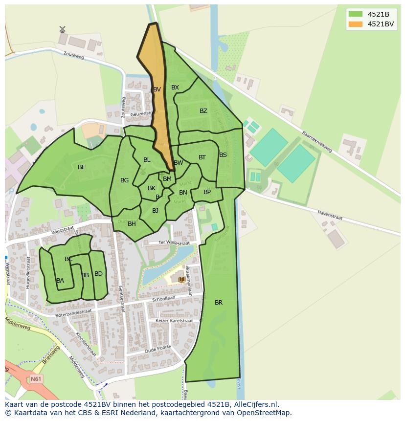 Afbeelding van het postcodegebied 4521 BV op de kaart.
